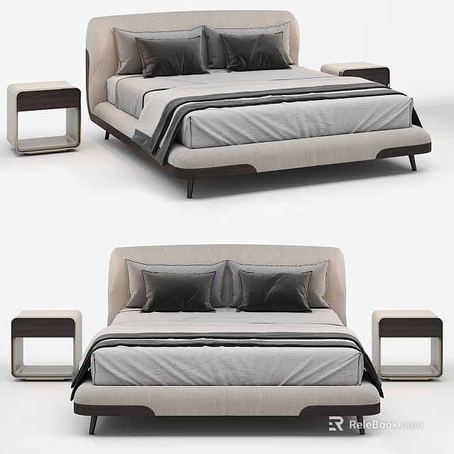 Modern Background Double Bed With Beige Frame Gray Pillows And Nightstands 3d model