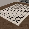 Square Rug with Black Geometric Patterns Beige Background on Herringbone Wooden Floor and Fringe Detail