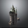 Detailed Medieval Castle Architecture With Stone Towers And Green Copper Spires