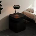 Modern Black Two Tier Nightstand with Table Lamp in Minimalist Bedroom