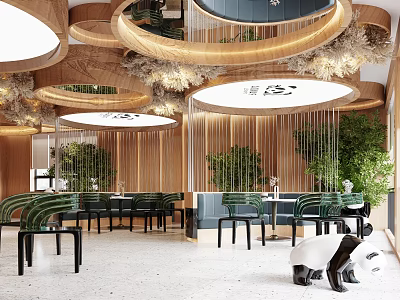 Modern Casual Lounge Area With Circular Pendant Lights Wooden Decor Green Seats And Panda Decor 3d model