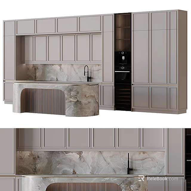 Modern Minimalist Kitchen Interior With Gray Cabinets Marble Countertop And Built-in Appliances 3d model 