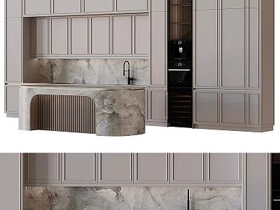 Modern Minimalist Kitchen Interior With Gray Cabinets Marble Countertop And Built-in Appliances 3d model