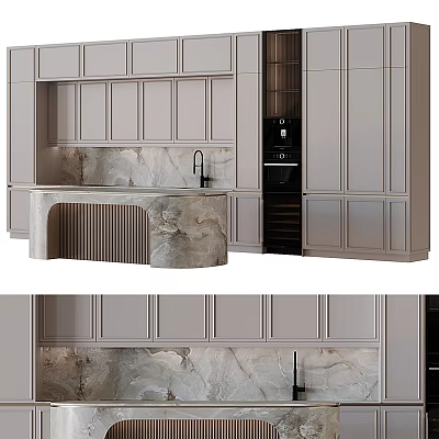 Modern Minimalist Kitchen Interior With Gray Cabinets Marble Countertop And Built-in Appliances 3d model