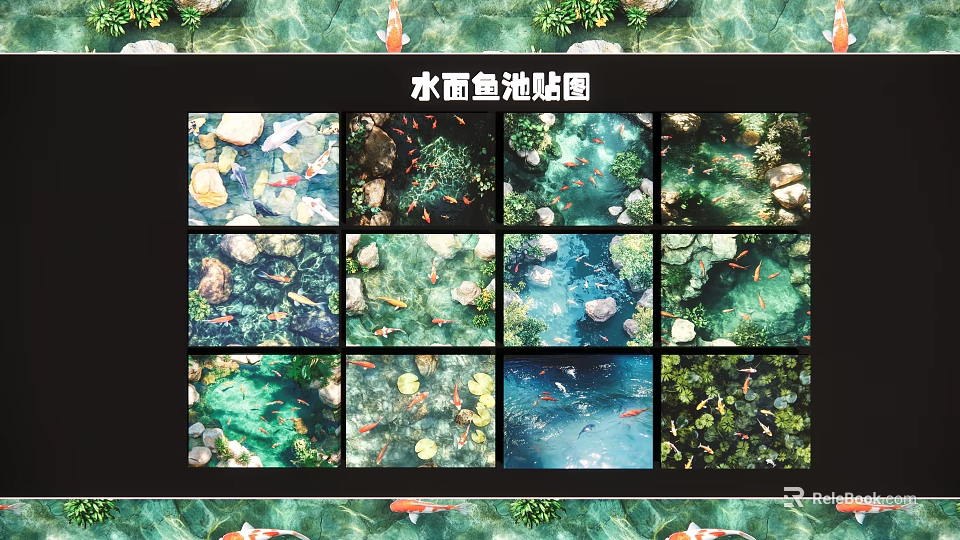 Fish Pond Water Surface Decorative Pendant with Natural Stone and Plant Accents 3d model 