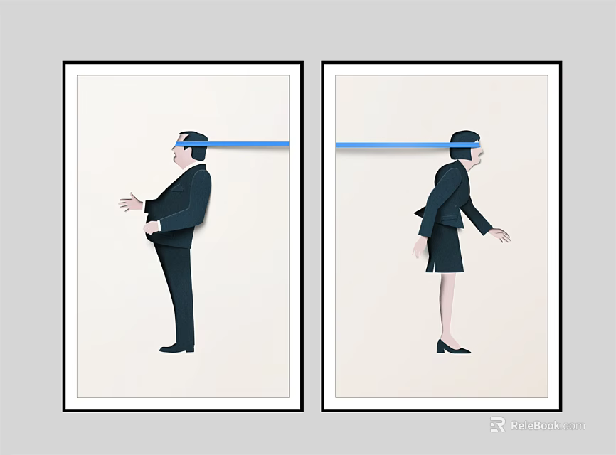 Portrait Paintings of Male Female in Business Attire with Blue Blindfolds Side by Side 3d model 