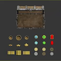 Decorative Ornament Set Featuring Open Treasure Chest Golden Goblets Coins Rings and Colorful Gemstones