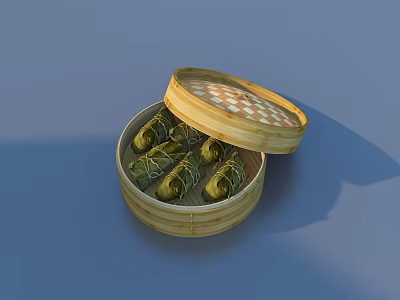 Freshly Steamed Glutinous Rice Dumplings in Open Bamboo Steamer with Green Leaves 3d model