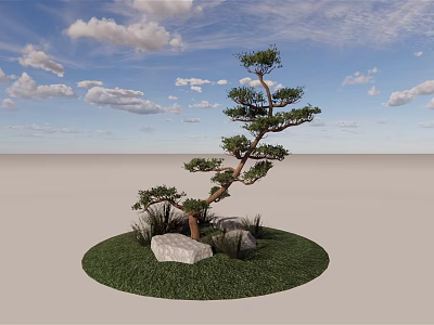 Ornamental Arbor in Circular Grass Area With Rocks and Cloudy Sky 3d model