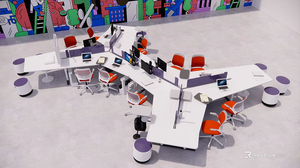 Modern Office Workstations With Orange Chairs Multiple Monitors And Open Layout 3d model 