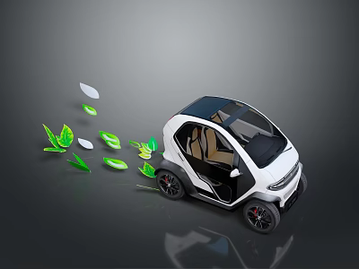 Small Modern Electric Car With Open Door And Green Leaves Trail At Rear 3d model