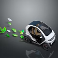Small Modern Electric Car With Open Door And Green Leaves Trail At Rear