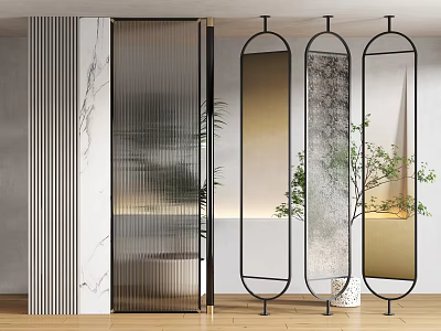 Contemporary Room Dividers Featuring Metal Frames Arc Top And Textured Glass For Modern Living Spaces 3d model