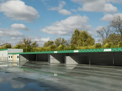 Modern Industrial Factory Building with Green Roof Surrounded by Trees and Reflective Ground 3d model