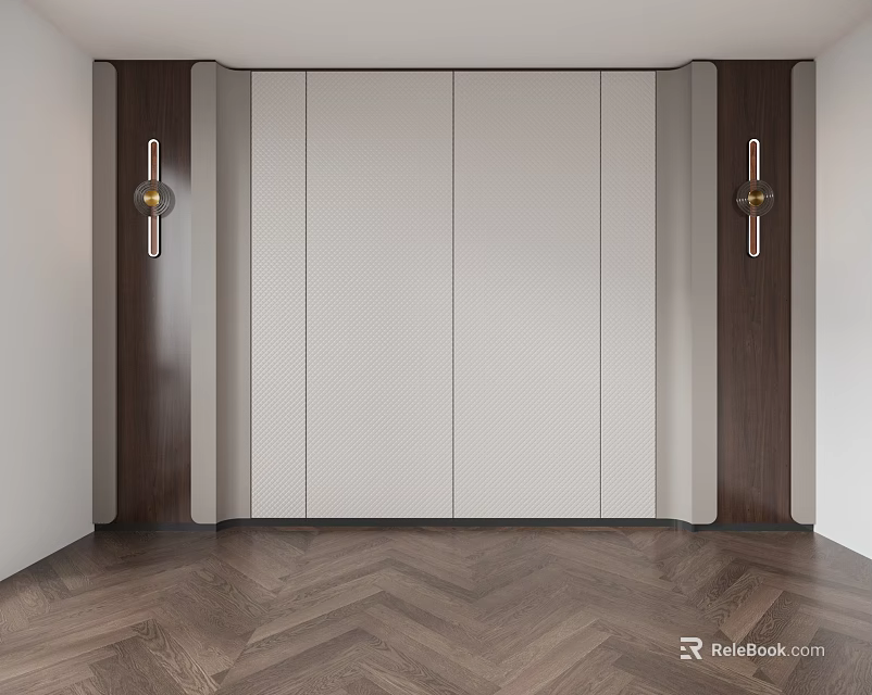 Modern Bed Accent Wall With Wooden Panels Sconces And Herringbone Floor 3d model 