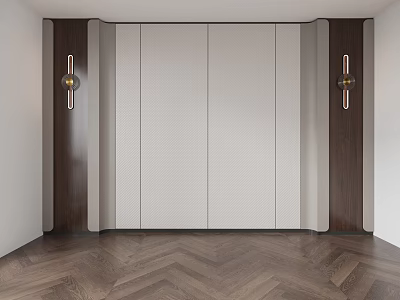 Modern Bed Accent Wall With Wooden Panels Sconces And Herringbone Floor 3d model