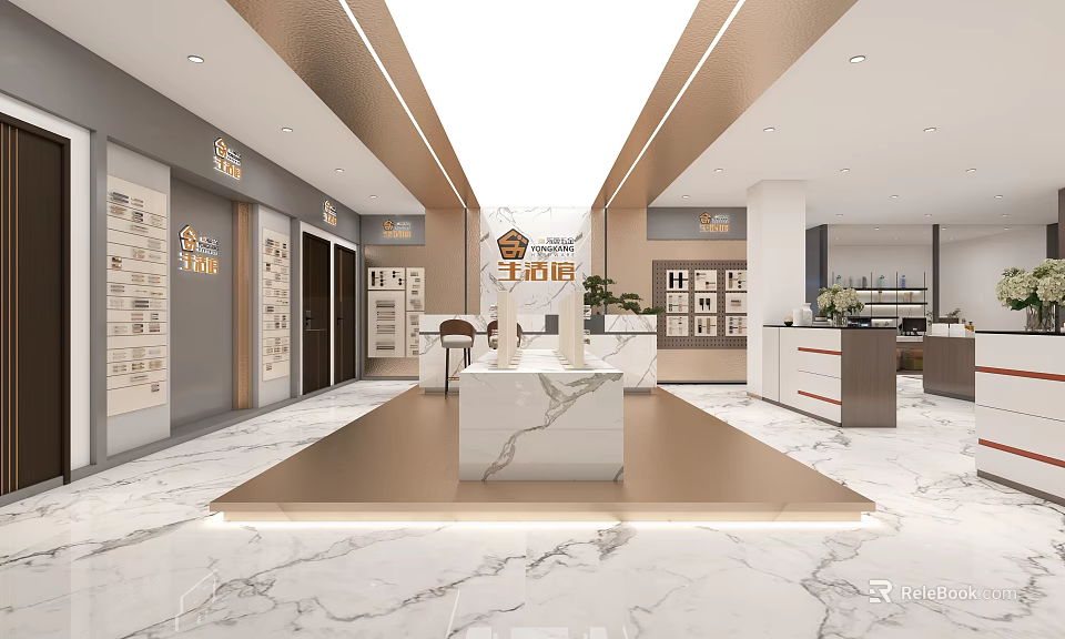 Modern Home Furnishing Store Interior With Marble Counter Door Panel Displays And Brand Signage 3d model 