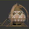 Ornate Egg Shaped Decorative Artifact With Gold Accents Pink Geometric Patterns And Intricate Metal Stand