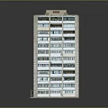 High Rise Residential Building Featuring Green Vertical Strips Red Diamond Patterns Multiple Windows and Balconies