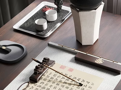 Traditional Chinese Tea Set With Teacups Tray Mat And Calligraphy On Wooden Table 3d model