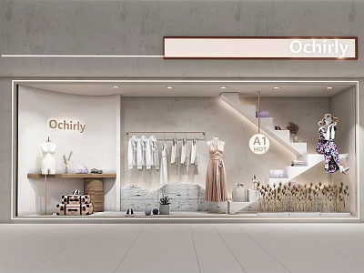 Ochirly Shop Window Display With Hanging Clothes Mannequins Stairs And Reeds 3d model