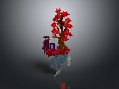 Block Style Floating Island Scenery with Red Tree Purple Building and Misty Cloud Base 3d model