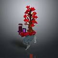 Block Style Floating Island Scenery with Red Tree Purple Building and Misty Cloud Base