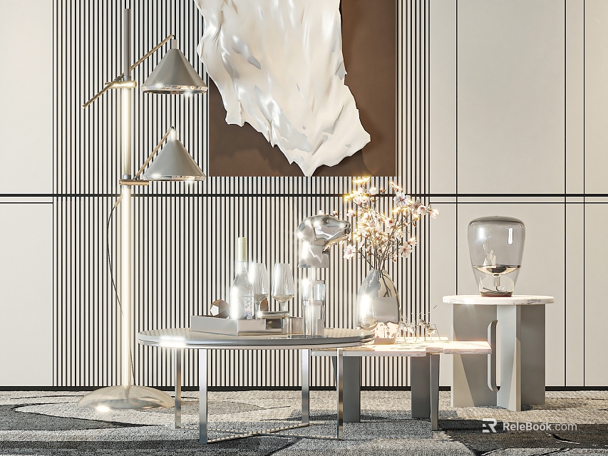 Modern Coffee Table With Glass Top Metal Frame And Decorative Vases In Living Room 3d model 