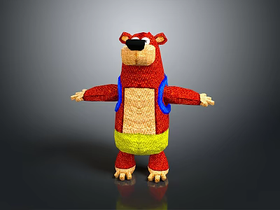 3D Red Bear with Black Nose Brown Belly Blue Suspenders Yellow Shorts Standing Arms Outstretched 3d model