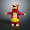 3D Red Bear with Black Nose Brown Belly Blue Suspenders Yellow Shorts Standing Arms Outstretched