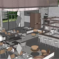 Modern Spacious Restaurant Interior With Tables Chairs Bar Bar Stools And Green Plants
