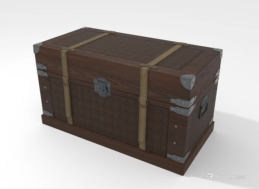 Vintage Brown Wooden Storage Trunk With Metal Clasps And Leather Straps 3d model 