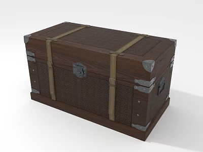 Vintage Brown Wooden Storage Trunk With Metal Clasps And Leather Straps 3d model