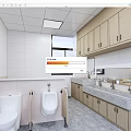 Modern Public Restroom Interior With Toilet Urinal Sink Cabinets And Grab Bars