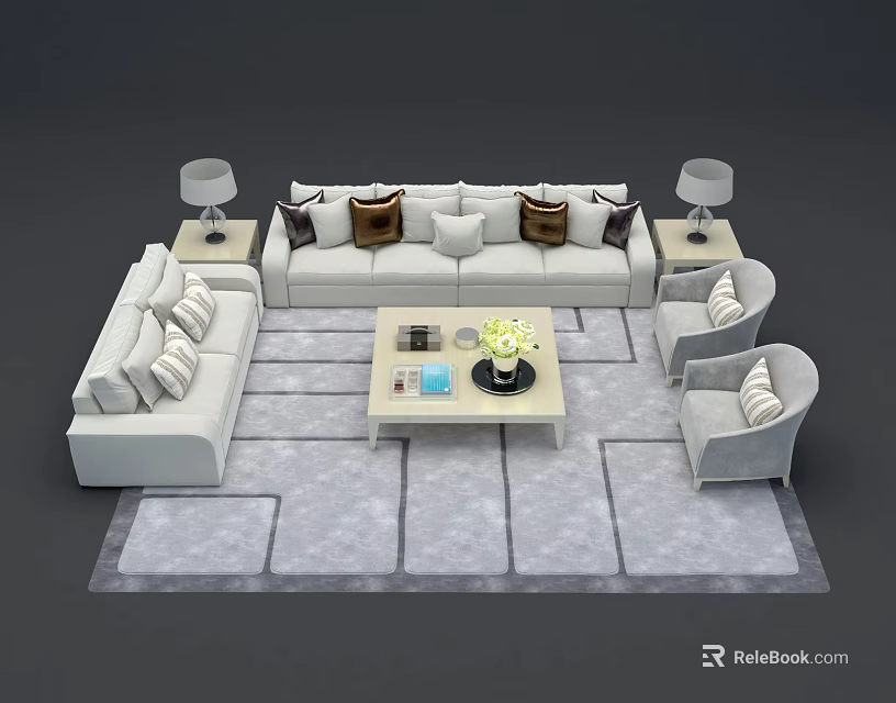 Modern Sofa and Coffee Table Set with Decorative Pillows Table Lamps and Accent Chairs 3d model