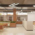 Modern Cafeteria Interior With Chairs Tables Ordering Counters And Plants 3d model