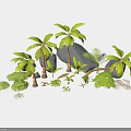 Natural Landscape Design With Wooden Palm Trunks Stone Rocks And Green Foliage Plants