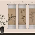 Three Traditional Chinese Scroll Paintings Hanging With Bamboo Plant In Interior