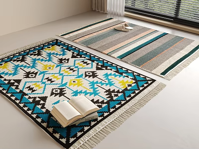 Square Rugs Featuring Geometric Pattern Striped Design Tassels Open Book and Natural Light 3d model