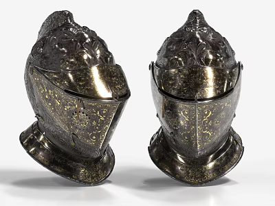 Antique Knight Helmet Hats With Metal Ornate Carvings And Gold Accents Displayed As A Pair 3d model