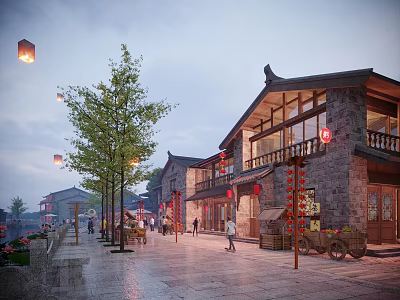 Historic Commercial Street with Traditional Architecture Red Lanterns Pedestrians Stone Pavement and Green Trees 3d model
