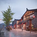 Historic Commercial Street with Traditional Architecture Red Lanterns Pedestrians Stone Pavement and Green Trees
