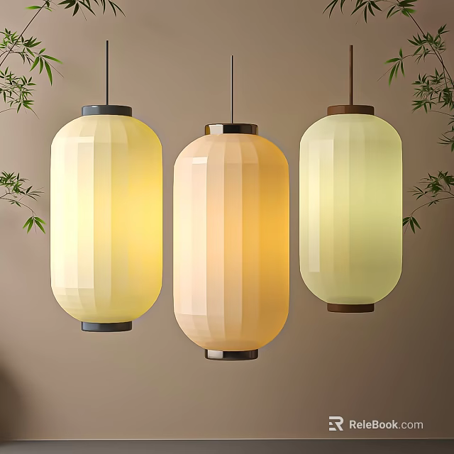Hanging Cylindrical Lanterns In Yellow Beige Light Green With Warm Glow And Bamboo Leaves Decoration 3d model 