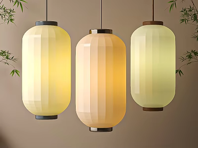 Hanging Cylindrical Lanterns In Yellow Beige Light Green With Warm Glow And Bamboo Leaves Decoration 3d model