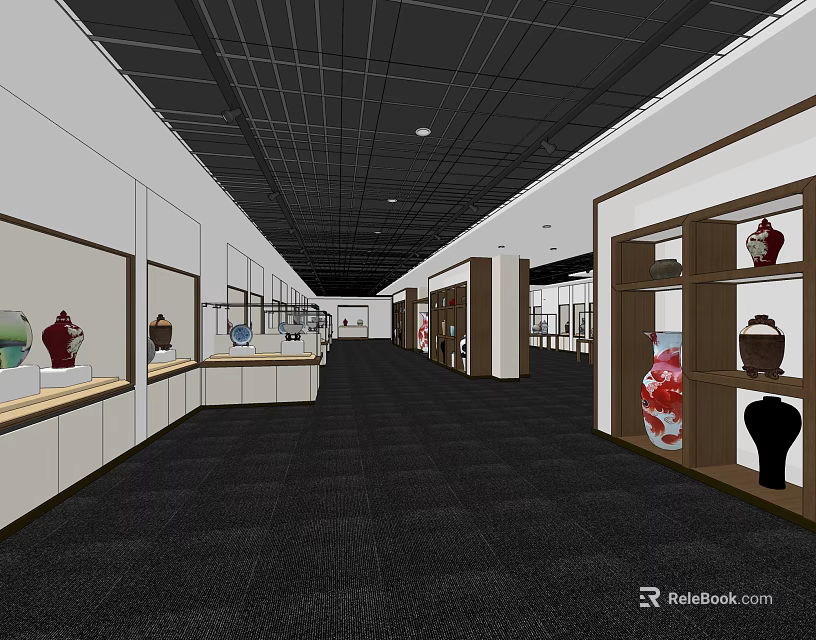 Spacious Museum Exhibition Hall With Glass Display Cabinets And Antique Vases 3d model 