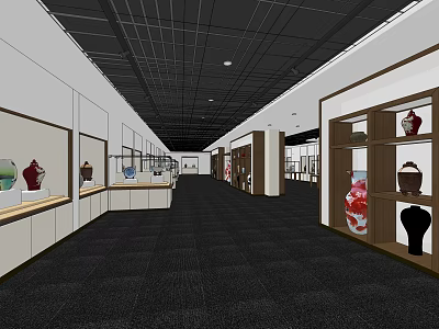 Spacious Museum Exhibition Hall With Glass Display Cabinets And Antique Vases 3d model