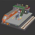 Miniature Train Station Platform With Railway Tracks Benches Stairs And Building