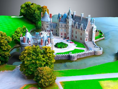 Cartoon Scenery Featuring Castle with Towers Green Lawn Trees River Bridge and Car 3d model