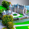 Cartoon Scenery Featuring Castle with Towers Green Lawn Trees River Bridge and Car