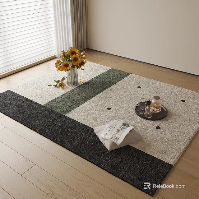 Square Area Rug Featuring Gray Green Beige Geometric Design With Sunflower Bouquet Tray And Magazine 3d model 
